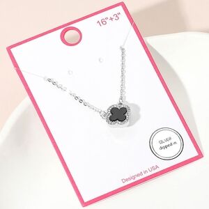 Black Silver Rhinestone Crystal Trim Quatrefoil Clover Chain 0.5 Necklace